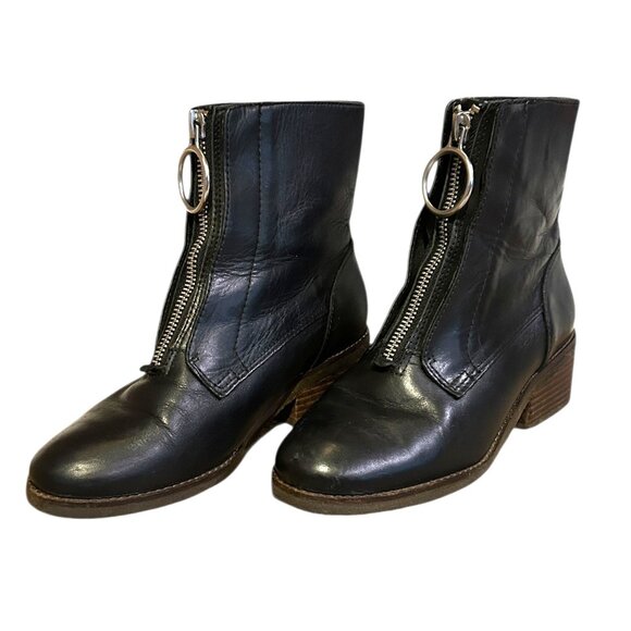 Lucky Brand Black Leather Ankle Booties Tibly Zip Boots Women's 7M Block Heel - Picture 3 of 8